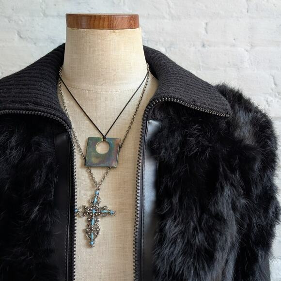 Vintage Black Genuine Rabbit Fur Sweater Stretchy Jacket Knit Faux Leather Top - Picture 2 of 7